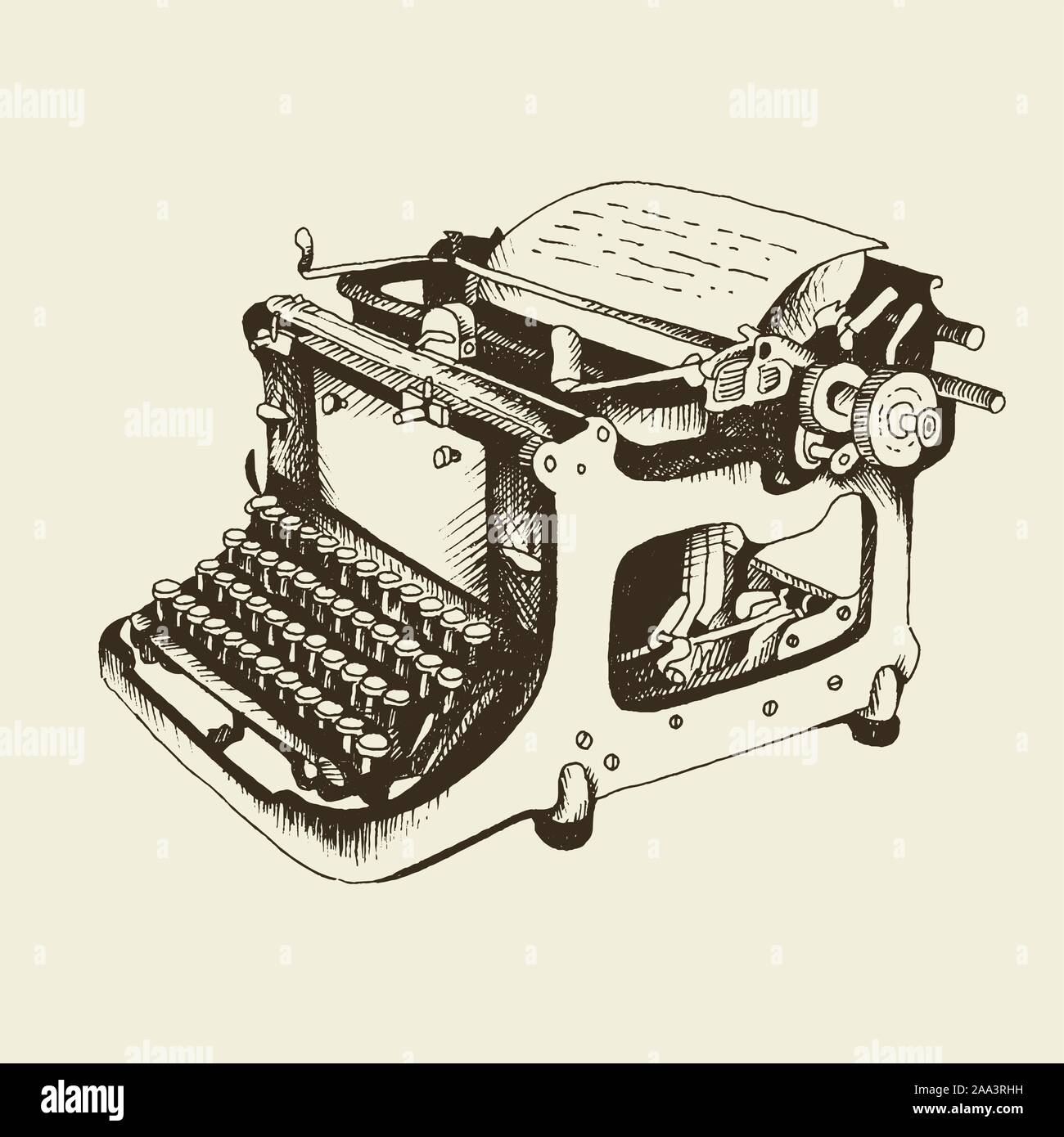 Typewriter vintage vector illustration, hand drawn sketch in engraving style isolated on beige background Stock Vector