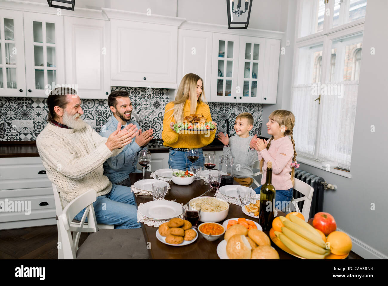 Thanksgiving Dinner concept Woman Holding Platter With Roast Turkey