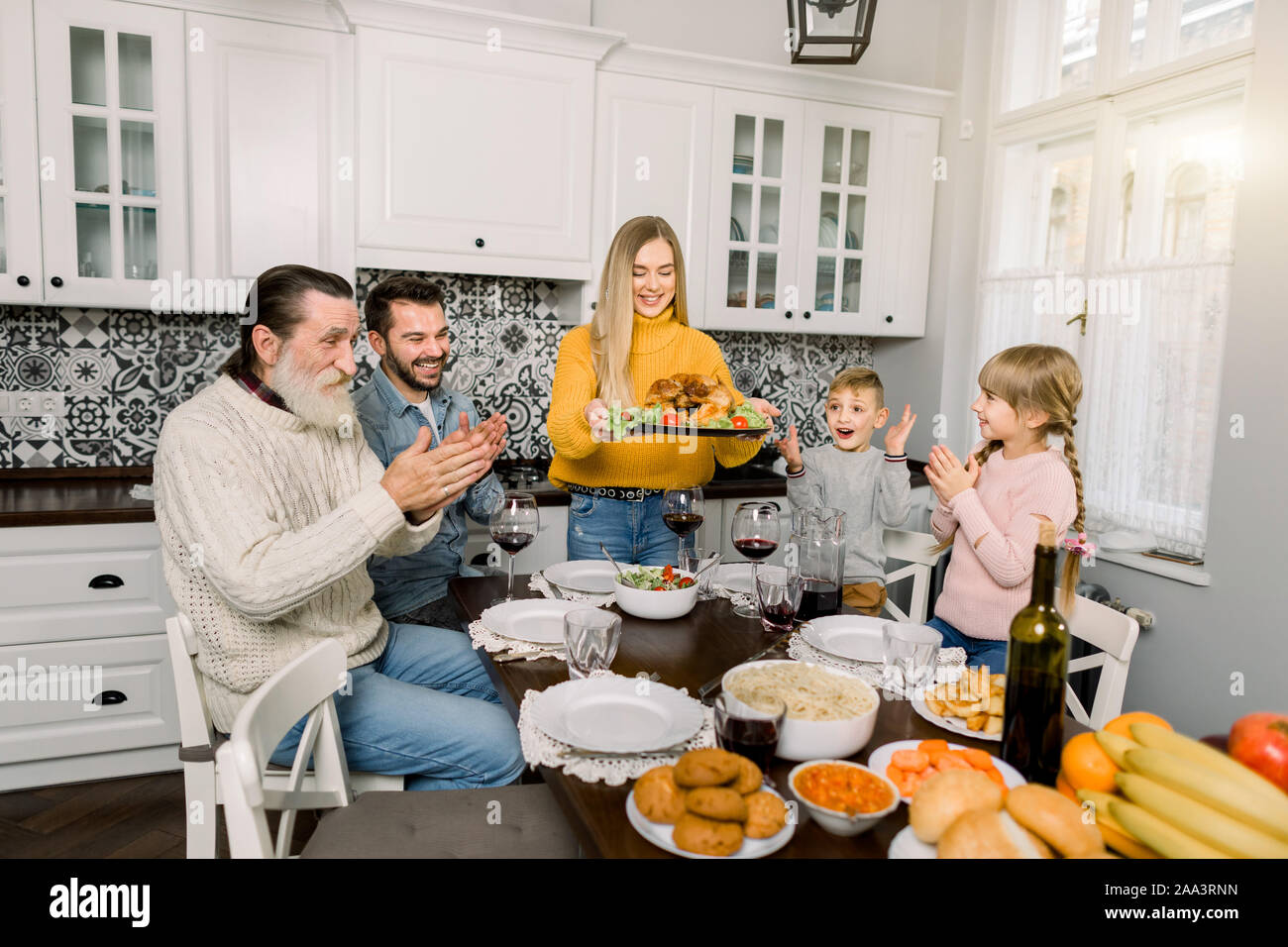 Thanksgiving Dinner concept Woman Holding Platter With Roast Turkey