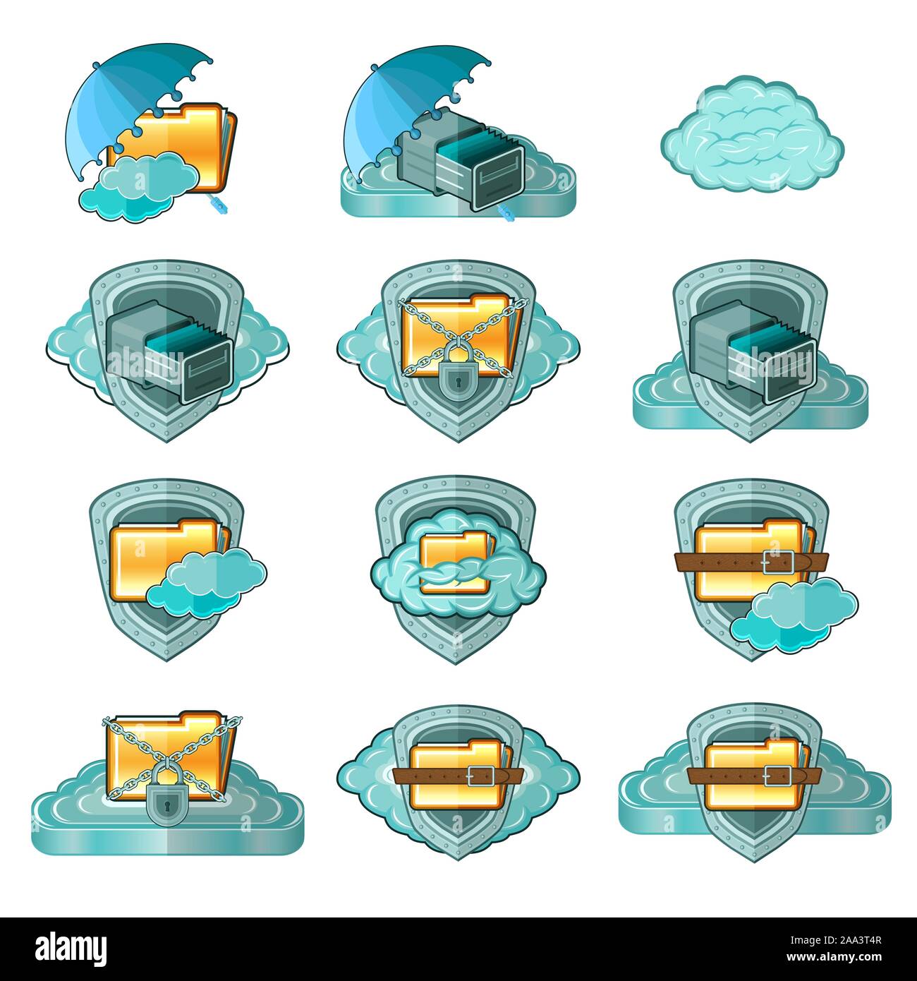 clouds web icons safe information set shield umbrella lock safe Stock Vector