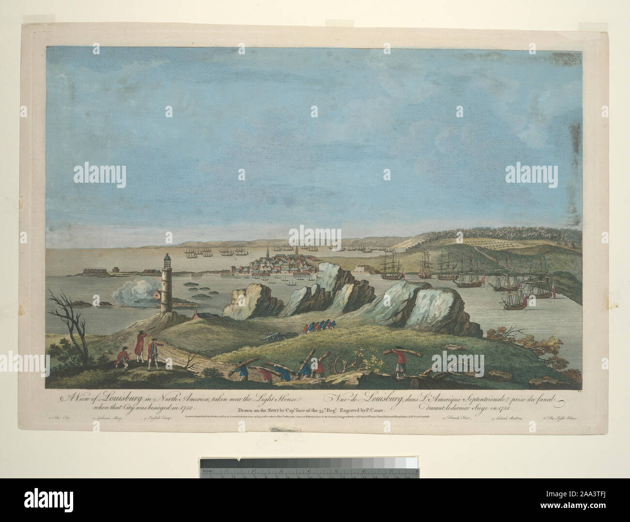 Stokes 1758-B-92 From Scenographia Americana, 1768. Print also published in London by Robert Sayer, Thomas Jefferys, Carington Bowles and Henry Parker. Print contains 6 references in lower margin. Deák 108; A view of Louisbourg in North America... = Vue de Louisbourg, dans l'Amérique septentrionale... Stock Photo