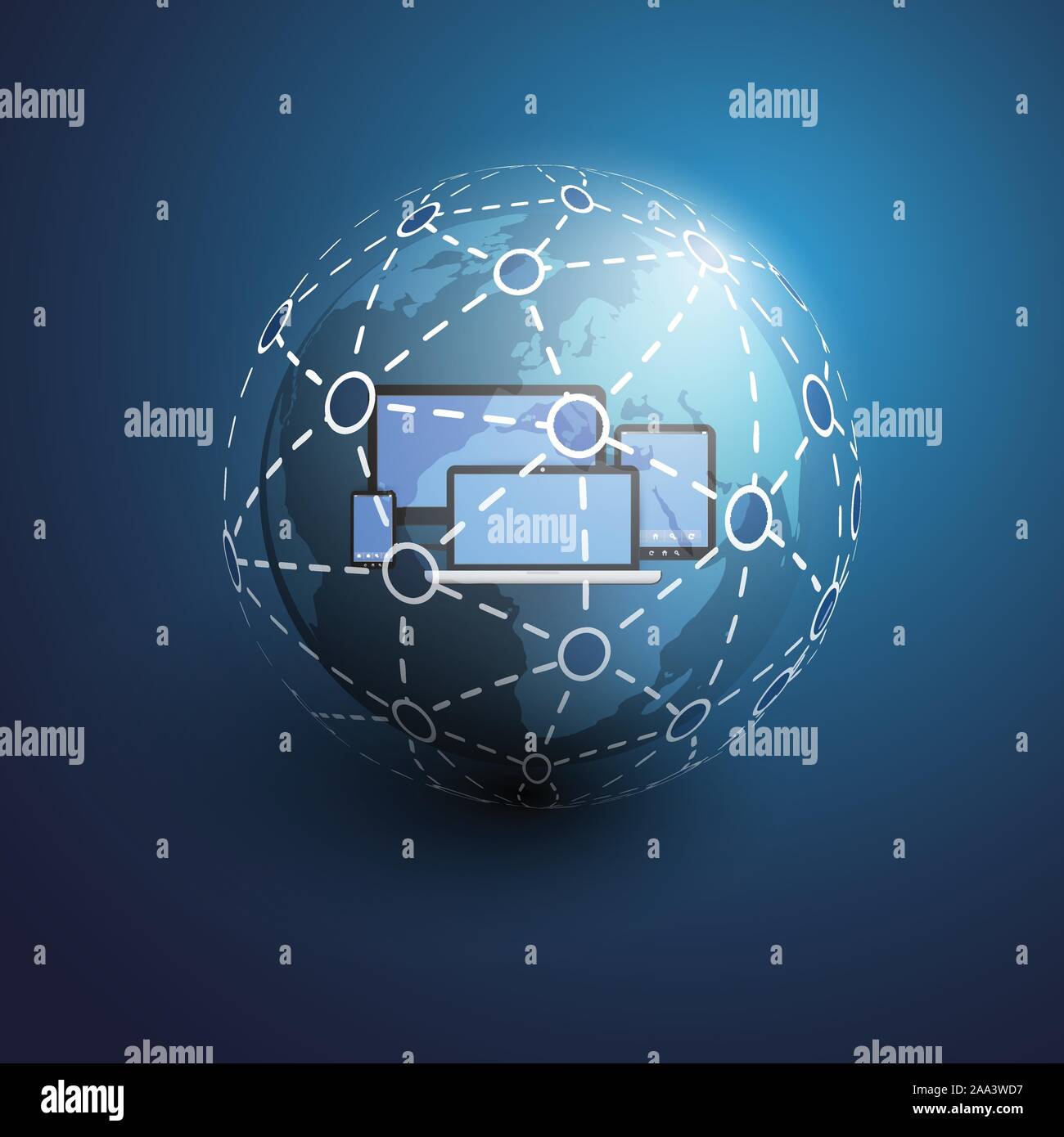 Abstract Blue Global Networks Concept Design Template with Mobile Computing Devices Inside a Transparent Globe - Illustration in Vector Format Stock Vector