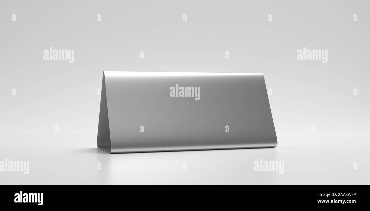 Reservation concept. Table tent blank, reserved card sign template isolated against white background. Metal aluminum silver color, copy space. 3d illu Stock Photo