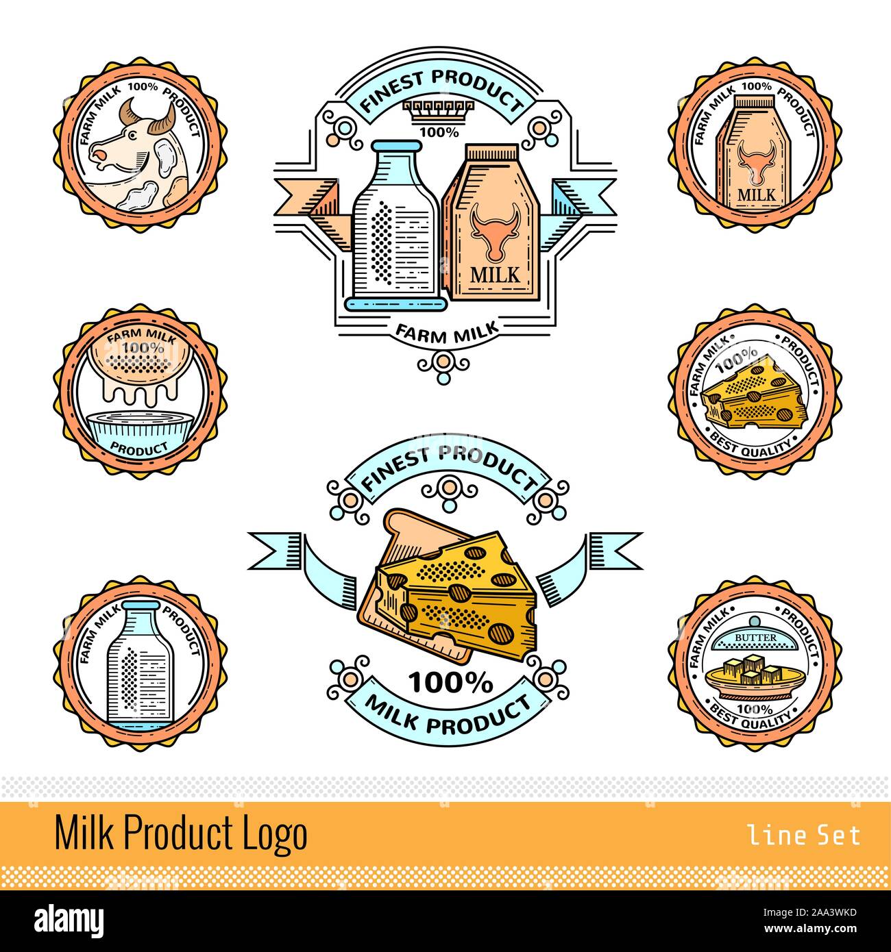 Set of line color logo and round labels for milk farm products Stock ...