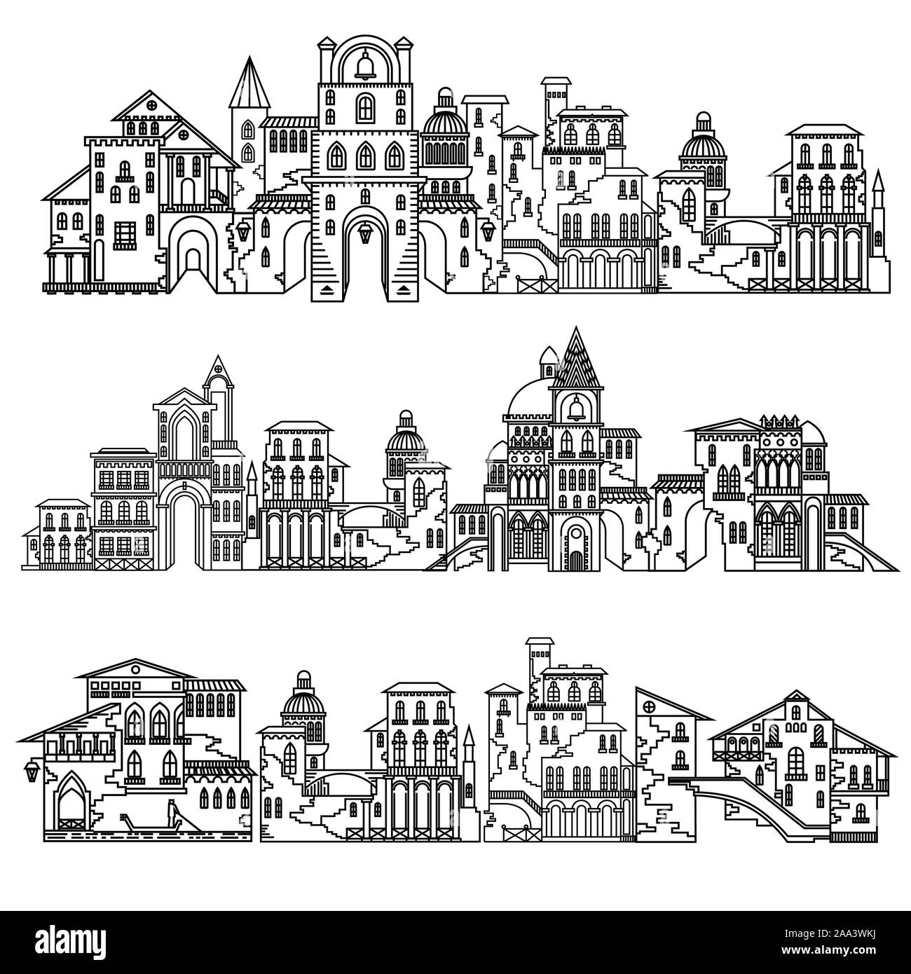 Set of different style and vintage architecture cities. Vector line ...
