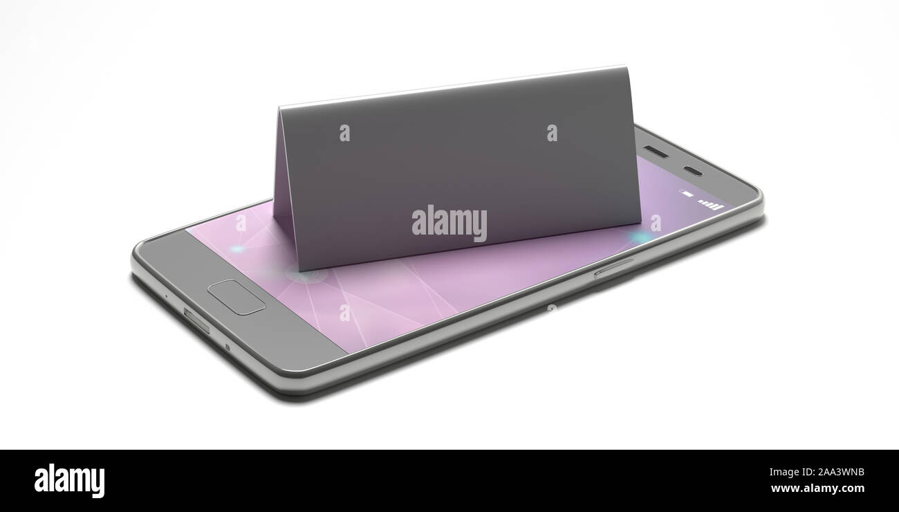 Online reservation concept. Table tent blank, reserved card sign template on a mobile phone isolated on white. Metal aluminum silver color, copy space Stock Photo