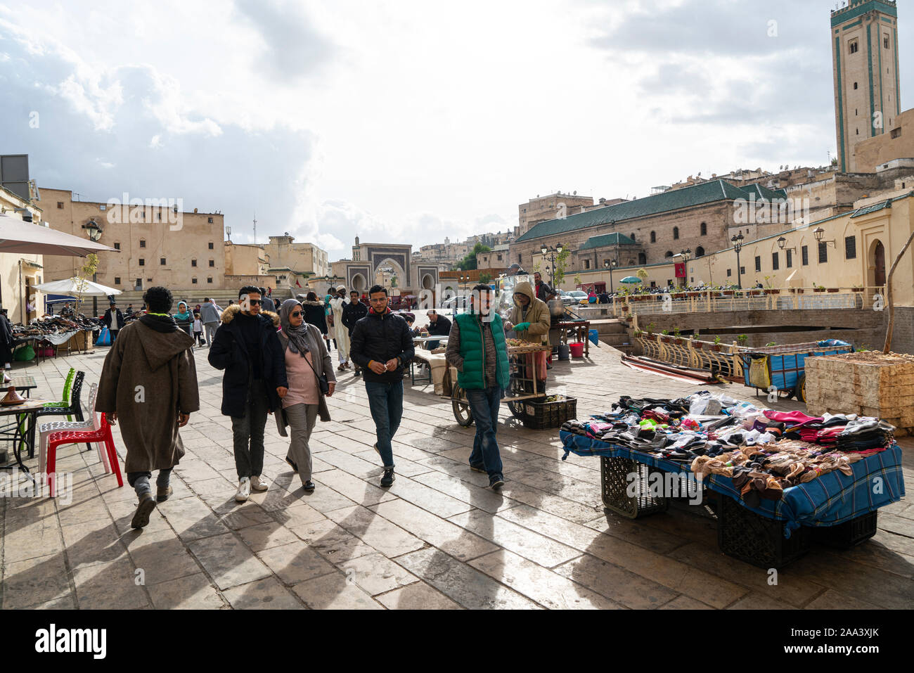 Fez, Morocco. November 9, 2019.   people walking on the Place R'cif on an autumn day Stock Photo