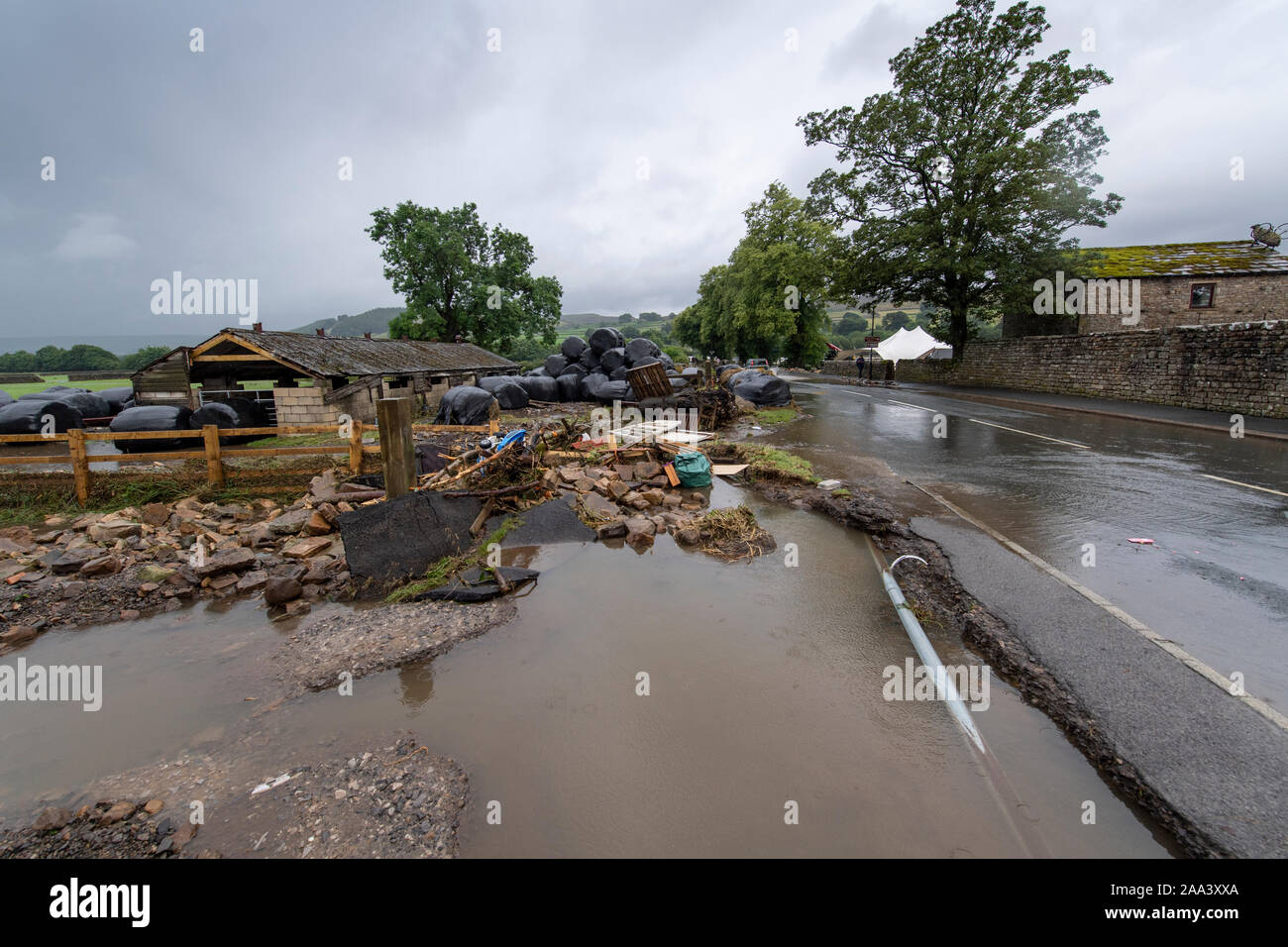 Flood damage around Reeth, North Yorkshire, after a cloudburst in Arkengarthdale, August 2019. Stock Photo