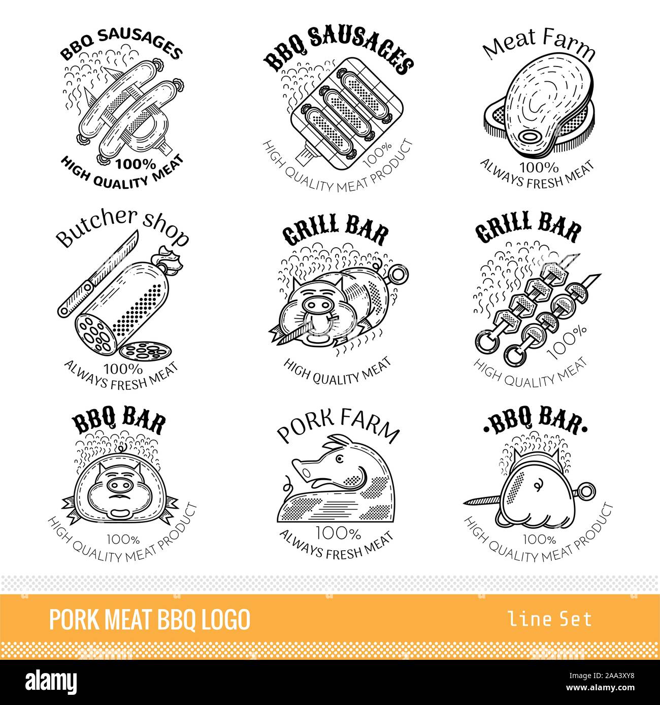 Set of outline line pork products logo. Labels for Meat farm, grill and BBQ bar, butcher shop isolated on white Stock Vector