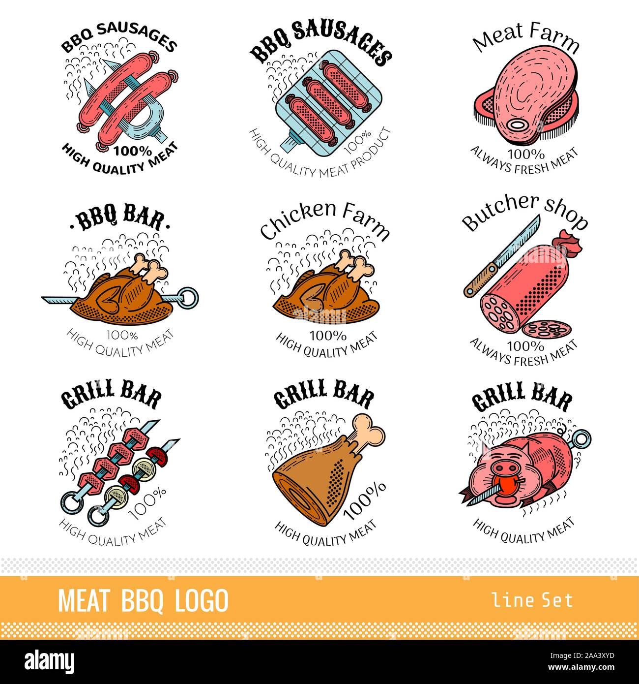 Set of outline color line logo. Labels for Meat farm, grill and BBQ bar