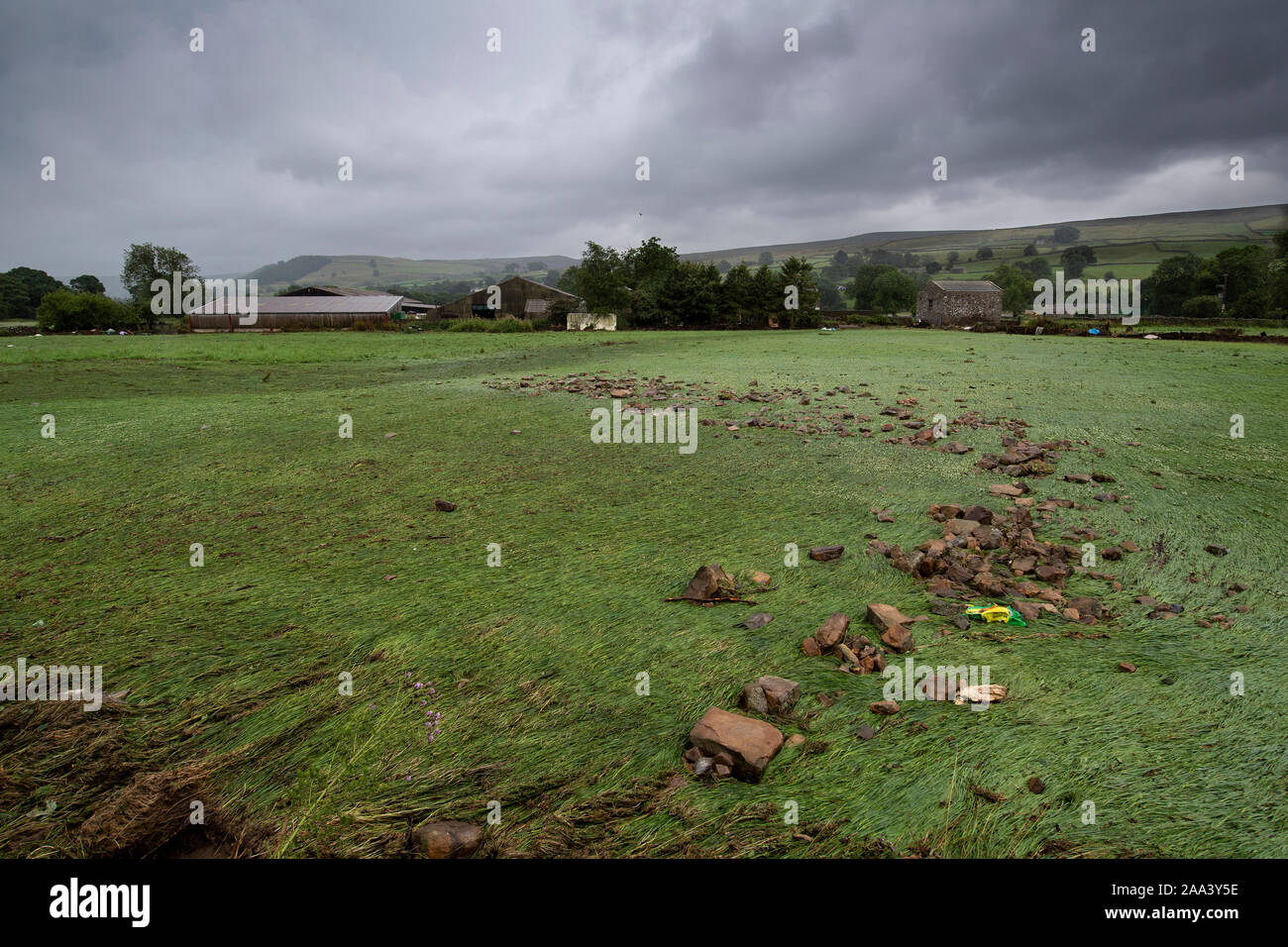 Flood damage around Reeth, North Yorkshire, after a cloudburst in Arkengarthdale, August 2019. Stock Photo