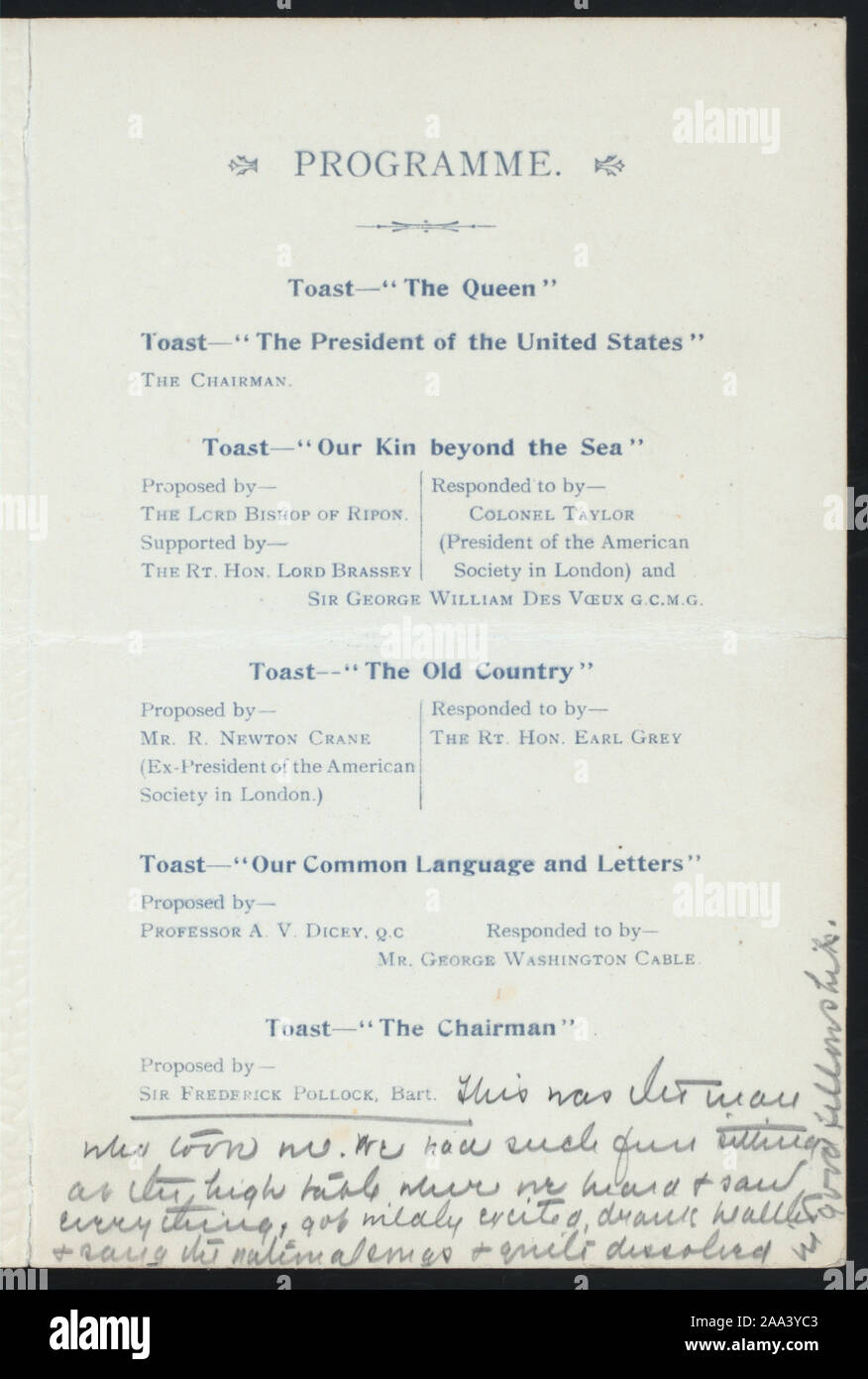 TOASTS; MUSICAL PROGRAM BY CECIL ORCHESTRA; AMERICAN & ENGLISH FLAGS ON  COVER; ANGLO-AMERICAN BANQUET [held by] AMERICAN SOCIETY IN LONDON [at]  CECIL HOTEL, LONDON, ENGLAND (HOT Stock Photo - Alamy