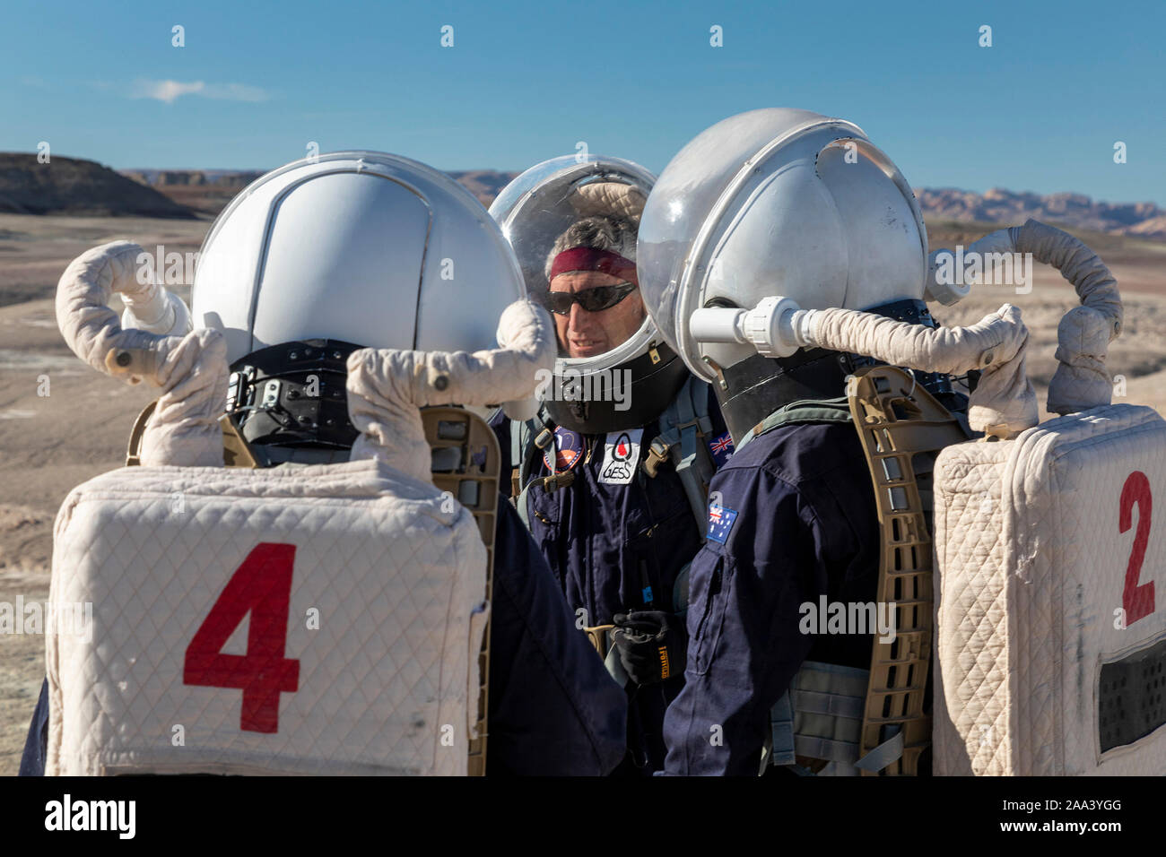 Hanksville, Utah - Researchers simulate living on Mars at the Mars Desert Research Station. 'Expedition Boomerang' brought Australian researchers to t Stock Photo