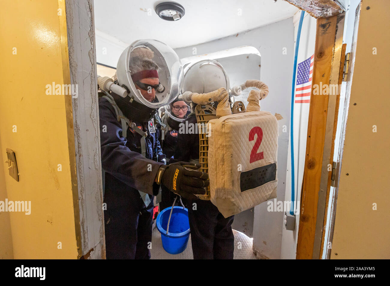 Hanksville, Utah - Researchers simulate living on Mars at the Mars Desert Research Station. Three members of the Australian 'Expedition Boomerang' ent Stock Photo