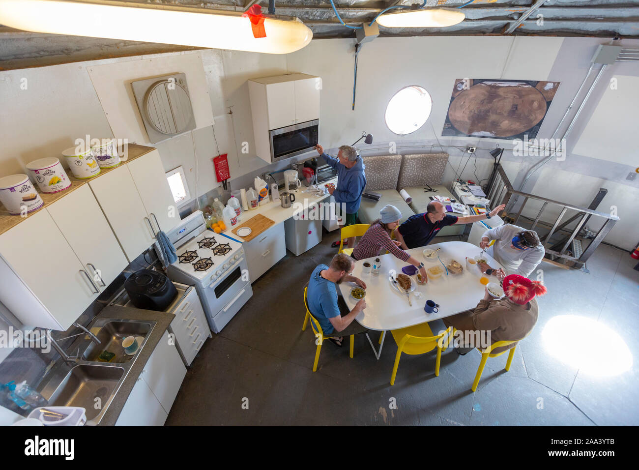 Hanksville, Utah - Researchers simulate living on Mars at the Mars Desert Research Station. The Australian crew of 'Expedition Boomerang' ate lunch at Stock Photo