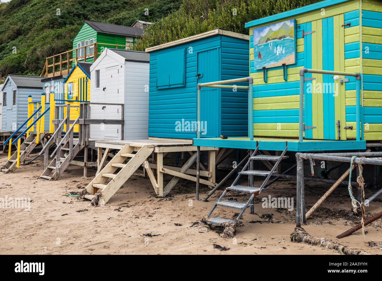 Colourful beach huts on the beach at Nefyn, Llŷn Peninsula, Gwynedd, Wales Stock Photo