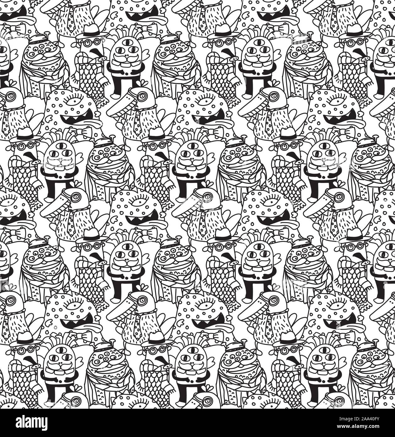 Group fashion aliens black and white seamless pattern. Monochrome ...