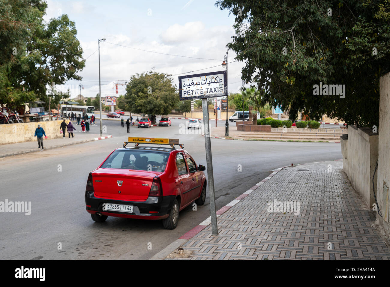 Fez, Morocco. November 9, 2019.  a petit taxi at the stop in a street Stock Photo