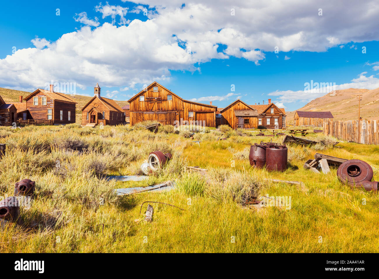 Antiquities in field in the Ghost town of Bodie California USA Stock Photo