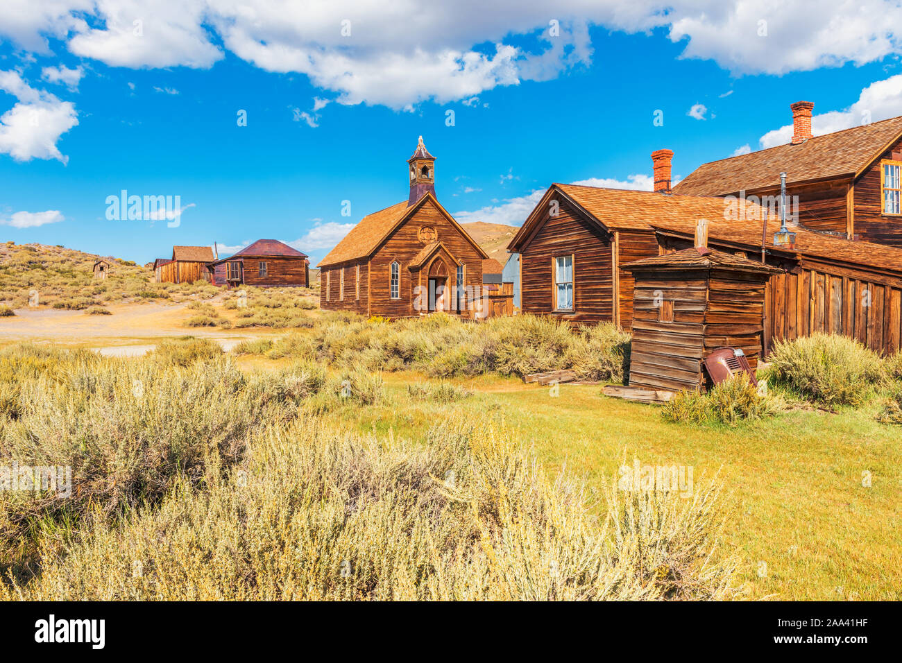 Wooden Church and Houses in the Ghost town of Bodie California USA Stock Photo