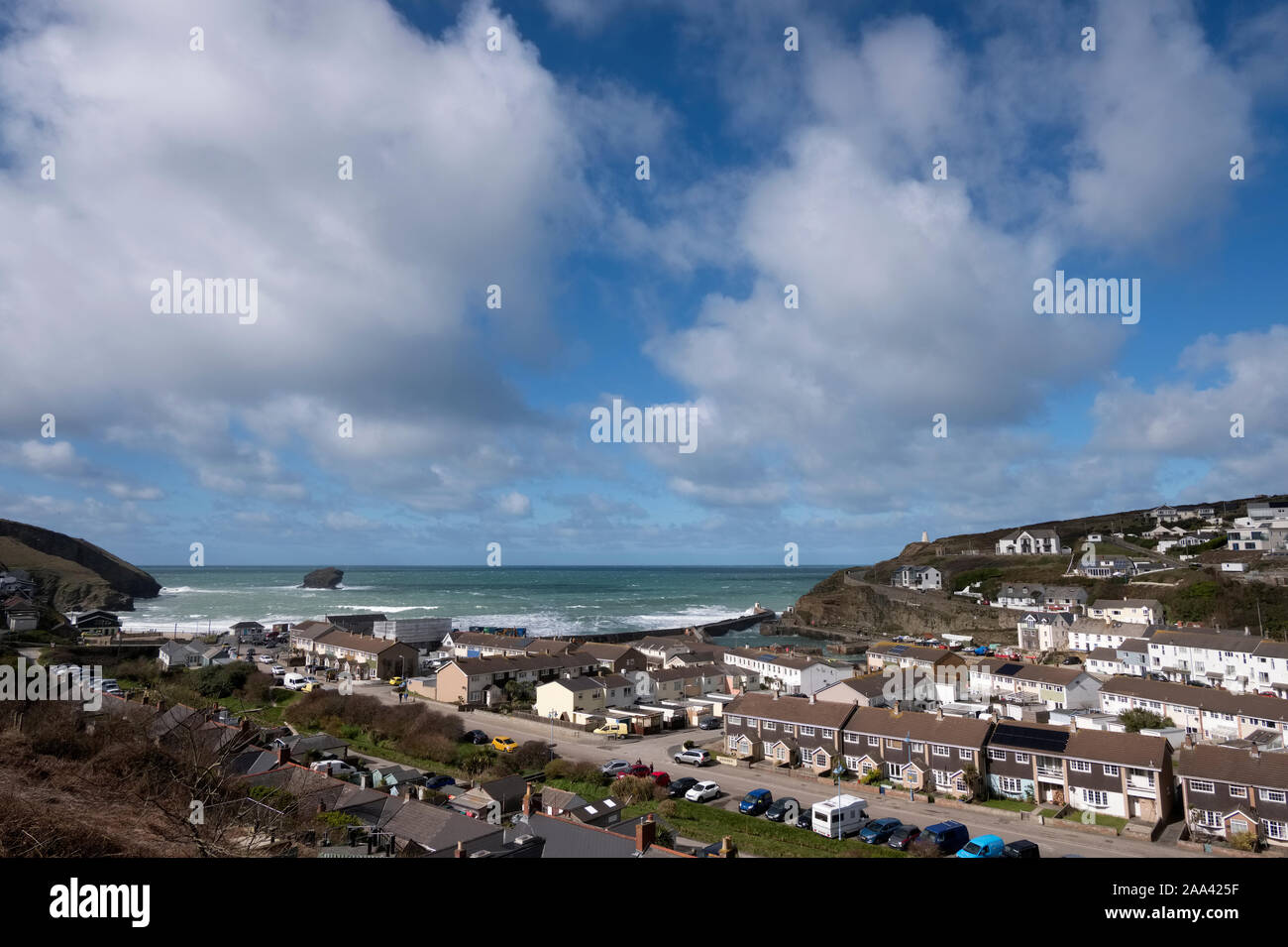 Portreath in Cornwall, England.  /White clouds and blue sky. Stock Photo