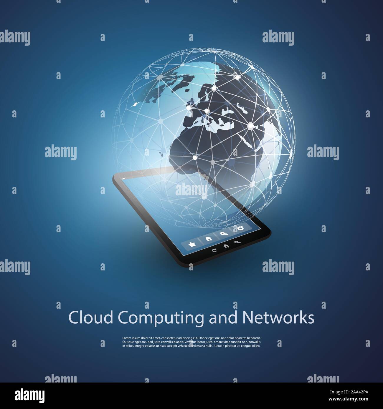 Cloud Computing and Global Networks Concept Creative Design with Earth Globe, Tablet PC - Illustration in Freely Editable Vector Format Stock Vector