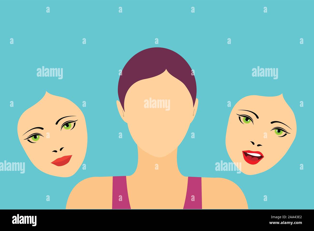 Faceless woman with two masks showing different expressions Stock Vector