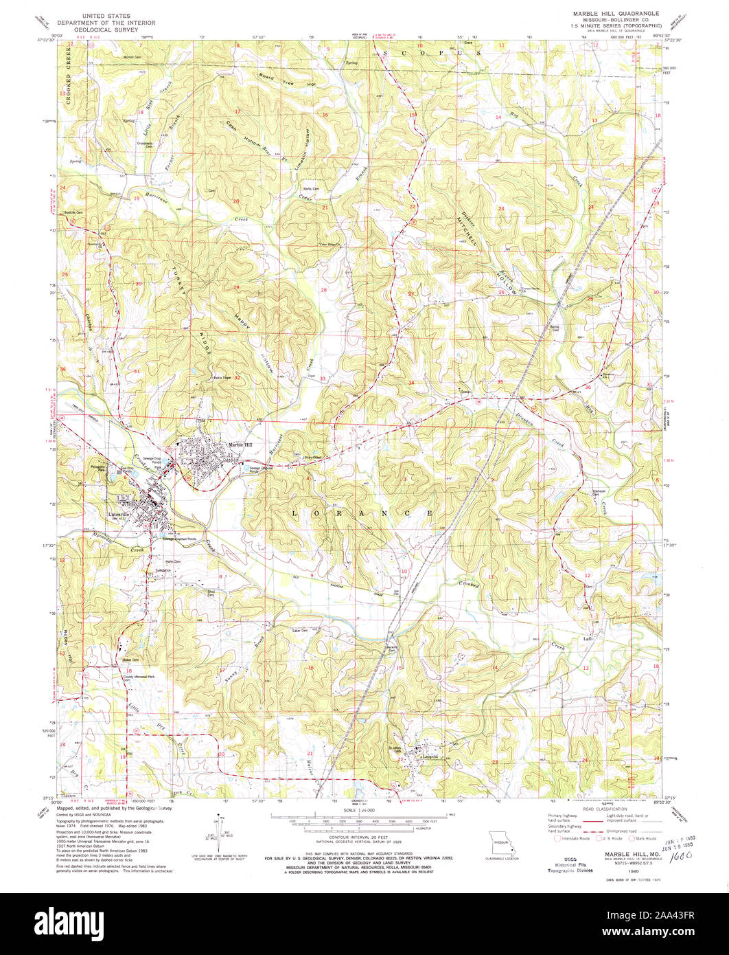 USGS TOPO Map Missouri MO Marble Hill 323404 1980 24000 Restoration