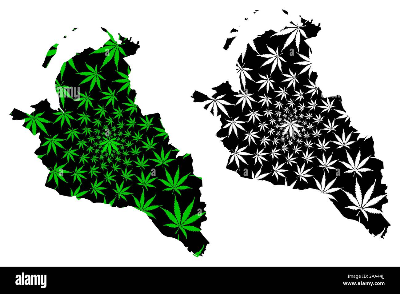 West Dunbartonshire (United Kingdom, Scotland, Local government in Scotland) map is designed cannabis leaf green and black, Dumbarton and Clydebank ma Stock Vector