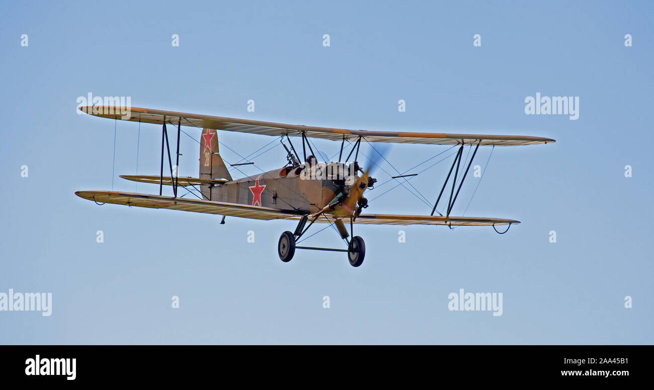 Polikarpov PO2 G-BSSY in flight Stock Photo