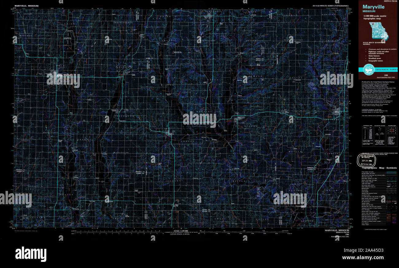 USGS TOPO Map Missouri MO Maryville 325381 1986 100000 Inverted Restoration Stock Photo