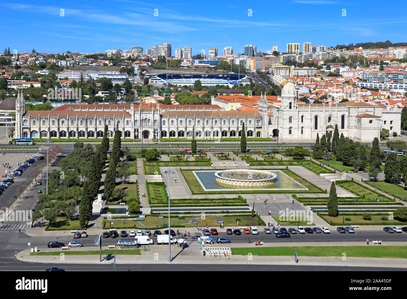 Jerónimos Monastery, Praça do Império, from top of the Monument to the Discoveries, Padrão dos Descobrimentos, Belem, Lisbon, Portugal. Stock Photo