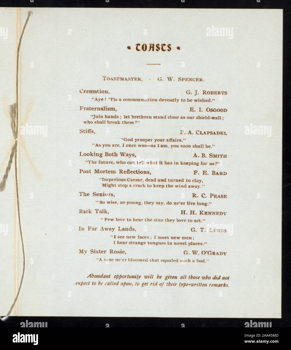 WITTY TOASTS;NAMES LISTED; ANNUAL DINNER [held by] USTION FRATERNITY