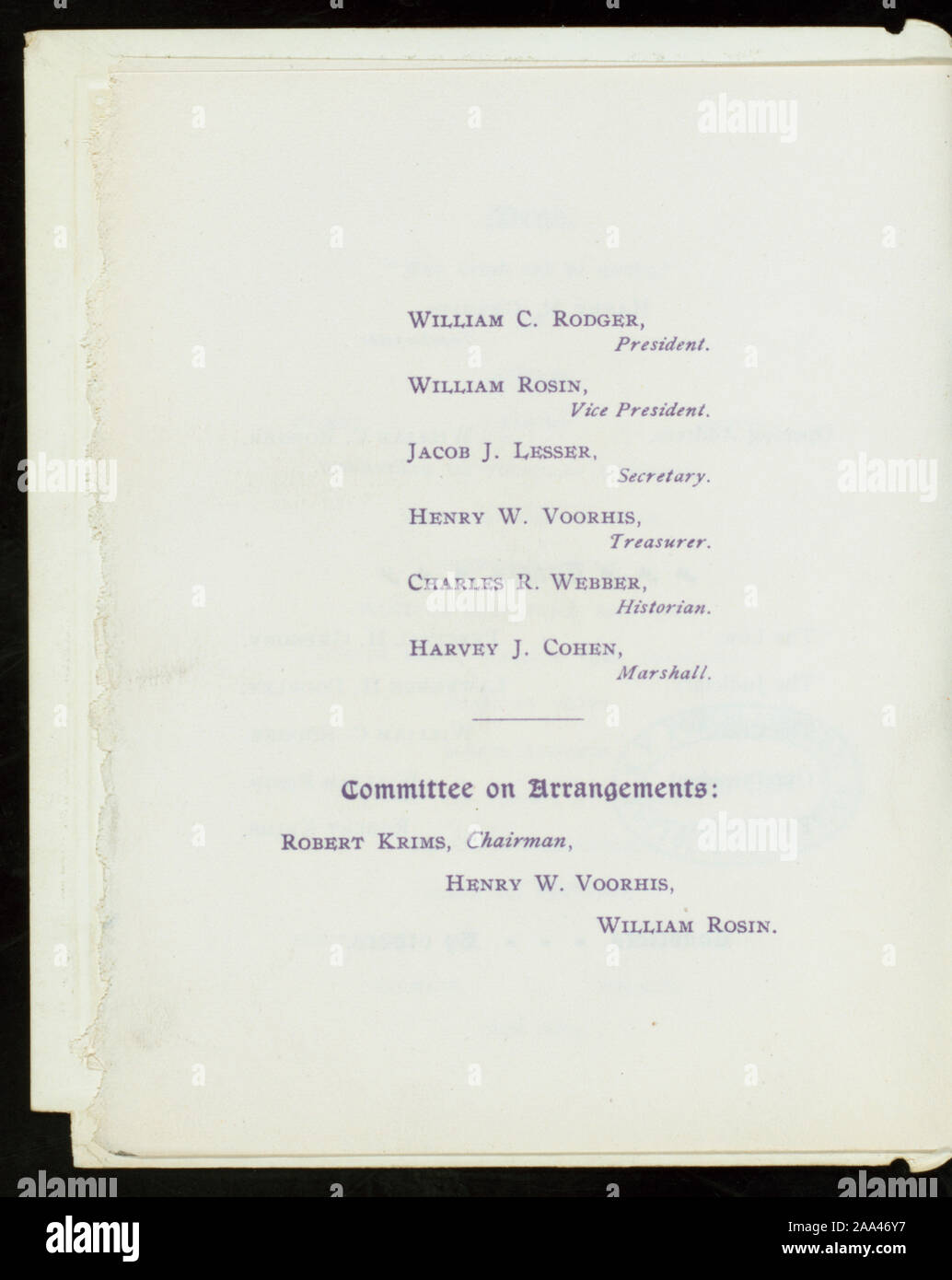 MENU IN FRENCH; ALL SPEAKERS LISTED; LIST OF OFFICERS INCLUDED; ANNUAl DINNER [held by] UNIVERSITY LAW SCHOOL - CLASS OF 'O2 [at] HOTEL MARLBOROUGH (HOTEL) Stock Photo