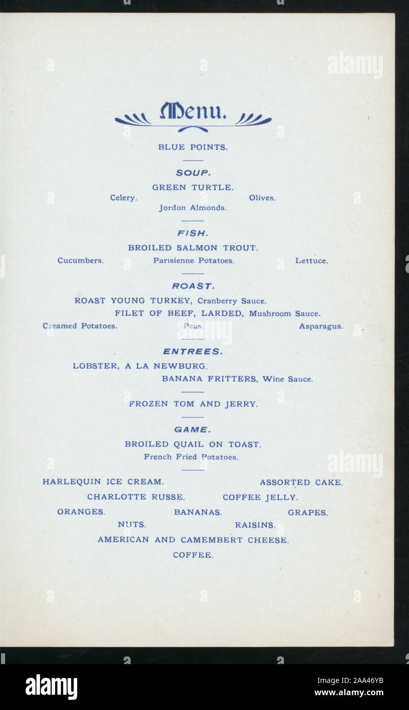 CREST OF ORGANIZATION; ANNUAL WINTER DINNER, CENTENNIAL OF DEATH OF GEORGE WASHINGTON AND 125TH ANNINVERSARY OF CAPTURE OF FORT WILLIAM AND MARY IN PORTSMOUTH HARBOR [held by] SONS OF THE REVOLUTION IN NEW HAMPSHIRE [at] EAGLE HOTEL, CONCORD, NH (HOTEL;) Stock Photo