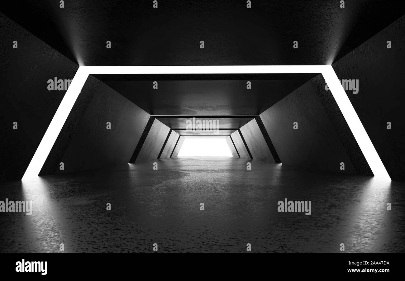 abstract futuristic room warehouse dark mirror glossy 3d rendering ...