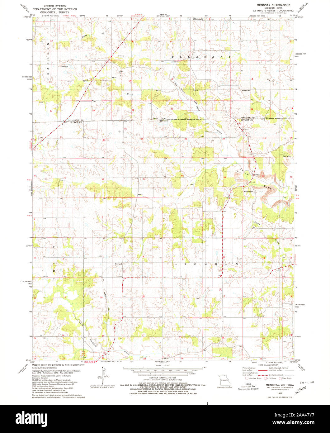USGS TOPO Map Missouri MO Mendota 323450 1979 24000 Restoration Stock Photo