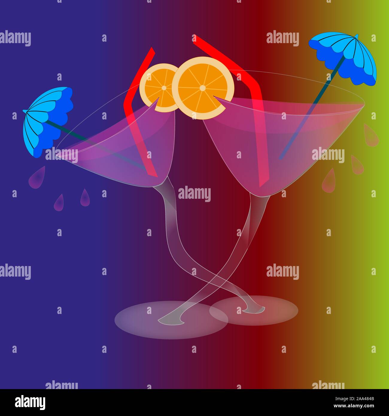 Two cocktails in classic glasses isolated gradient background. Stock Vector