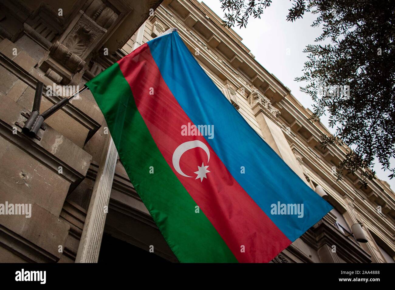 Azerbaijan national flag flies in Baku, Azerbaijan Stock Photo - Alamy