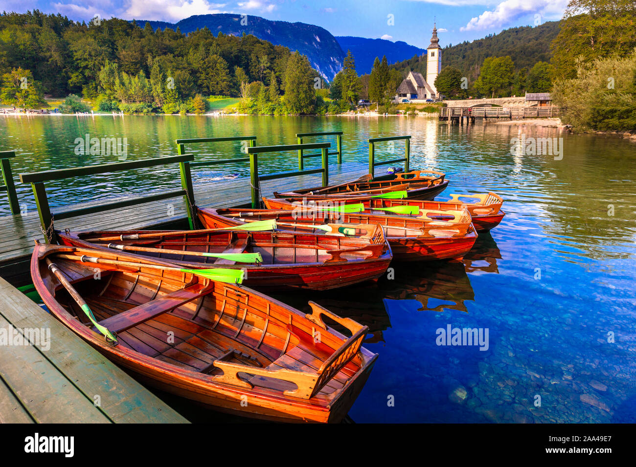 amazing idyllic lake Bohinj in Slovenia. Beauty in nature Stock Photo