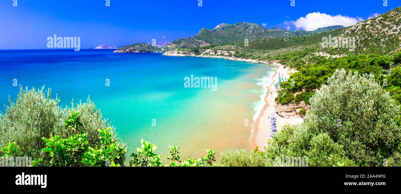 Beautiful Psili Ammos beach,panoramic view,Samos island,Greece. Stock Photo