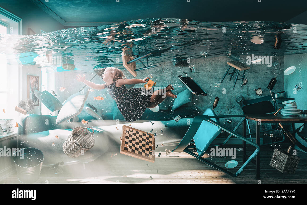 image of a little girl floating in the water of a completely flooded apartment. Stock Photo