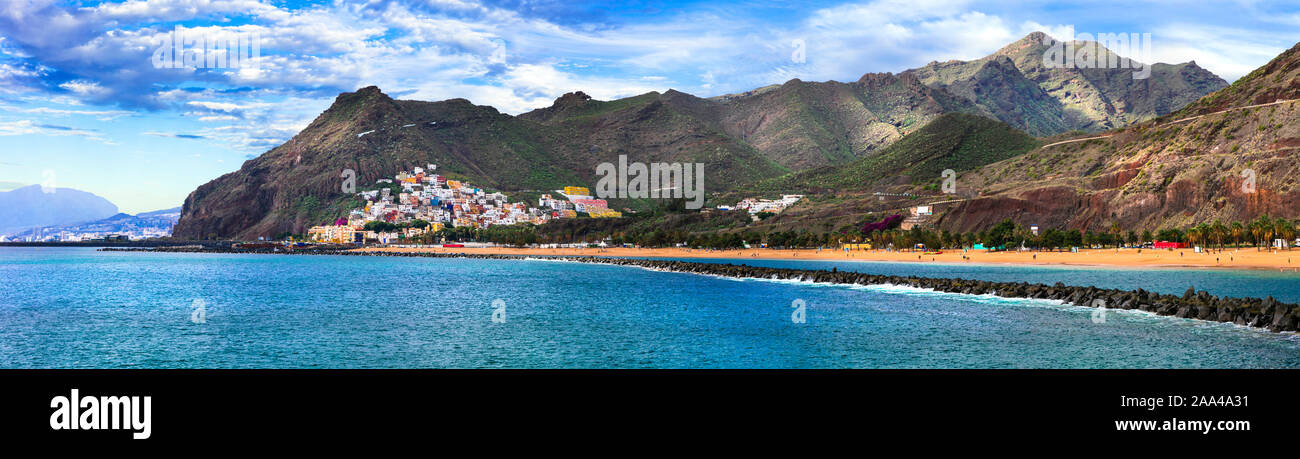 Beautiful Playa de las Teresitas,view with sea and mountains,Tenerife island,Spain. Stock Photo