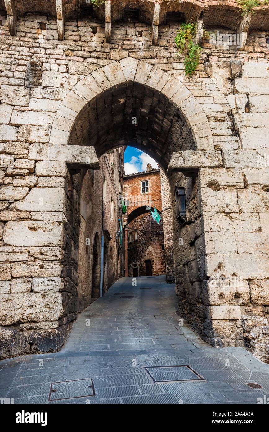 Medieval Porta Eburnea Gate or Arco della Mandorla (Almond Arch) of Perugia ancient etruscan city walls Stock Photo