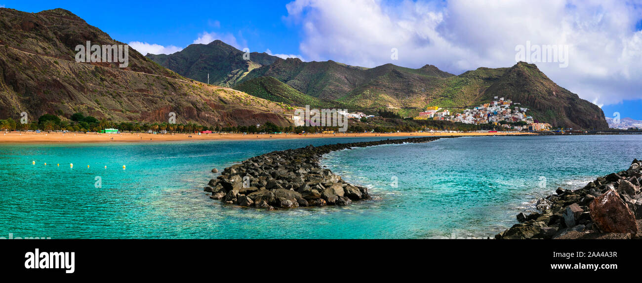 Beautiful Playa de las Teresitas,view with sea and mountains,Tenerife island,Spain. Stock Photo