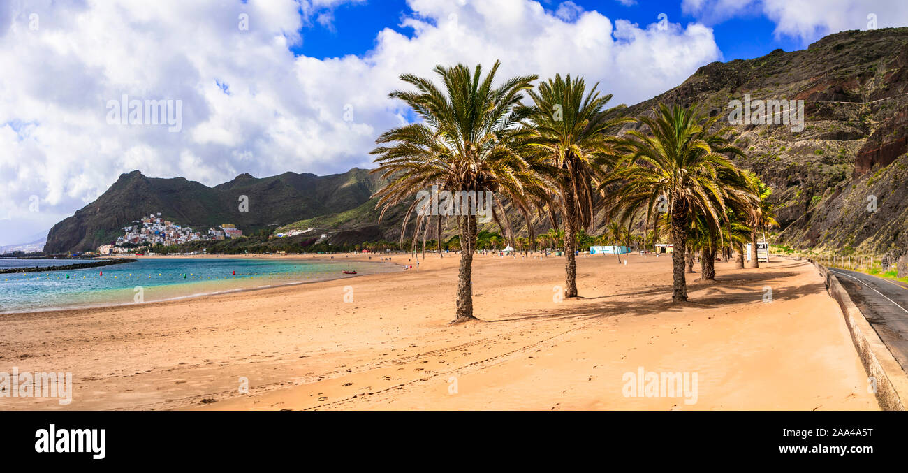 Golden sand ,palm trees,sea and mountains,Playa de Las Teresitas,Tenerife,Spain. Stock Photo