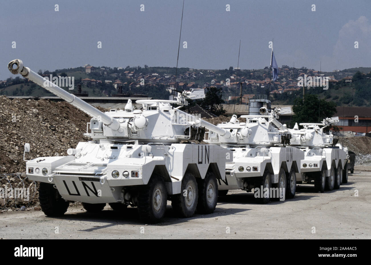 5th August 1993 During the Siege of Sarajevo: French Army Panhard ERC 90 F4 Sagaie Armoured Cars in a car park adjacent to the BHRT (television centre), in the west of the city. Stock Photo