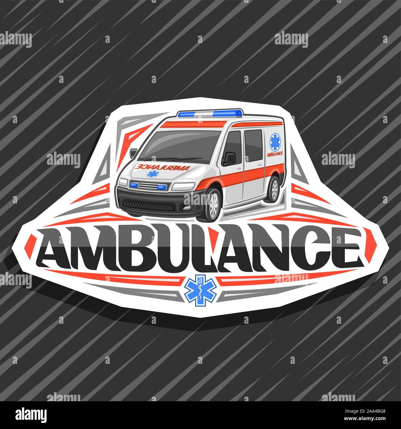 Vector logo for Ambulance, decorative cut paper badge with white van for emergency with blue alarm flashers, original lettering for word ambulance, si Stock Vector