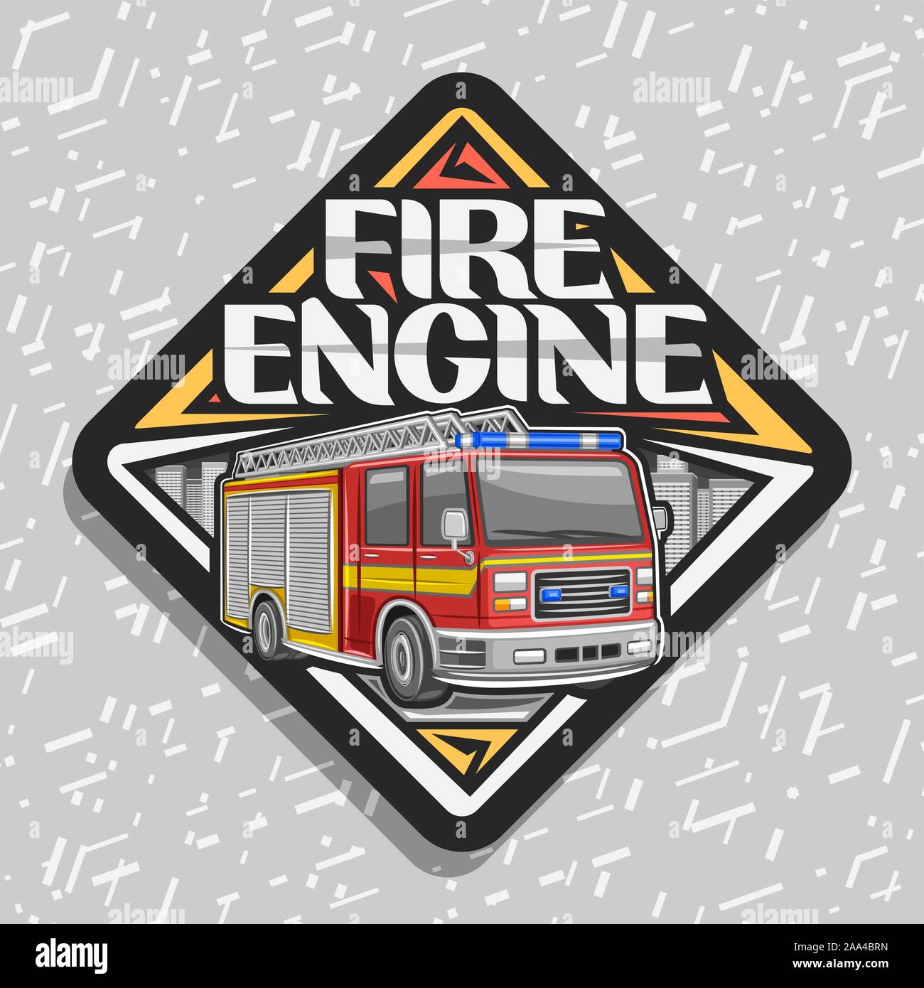 Vector logo for Fire Engine, black decorative label with illustration of red modern firetruck with yellow stripe and blue alarm lights, original lette Stock Vector