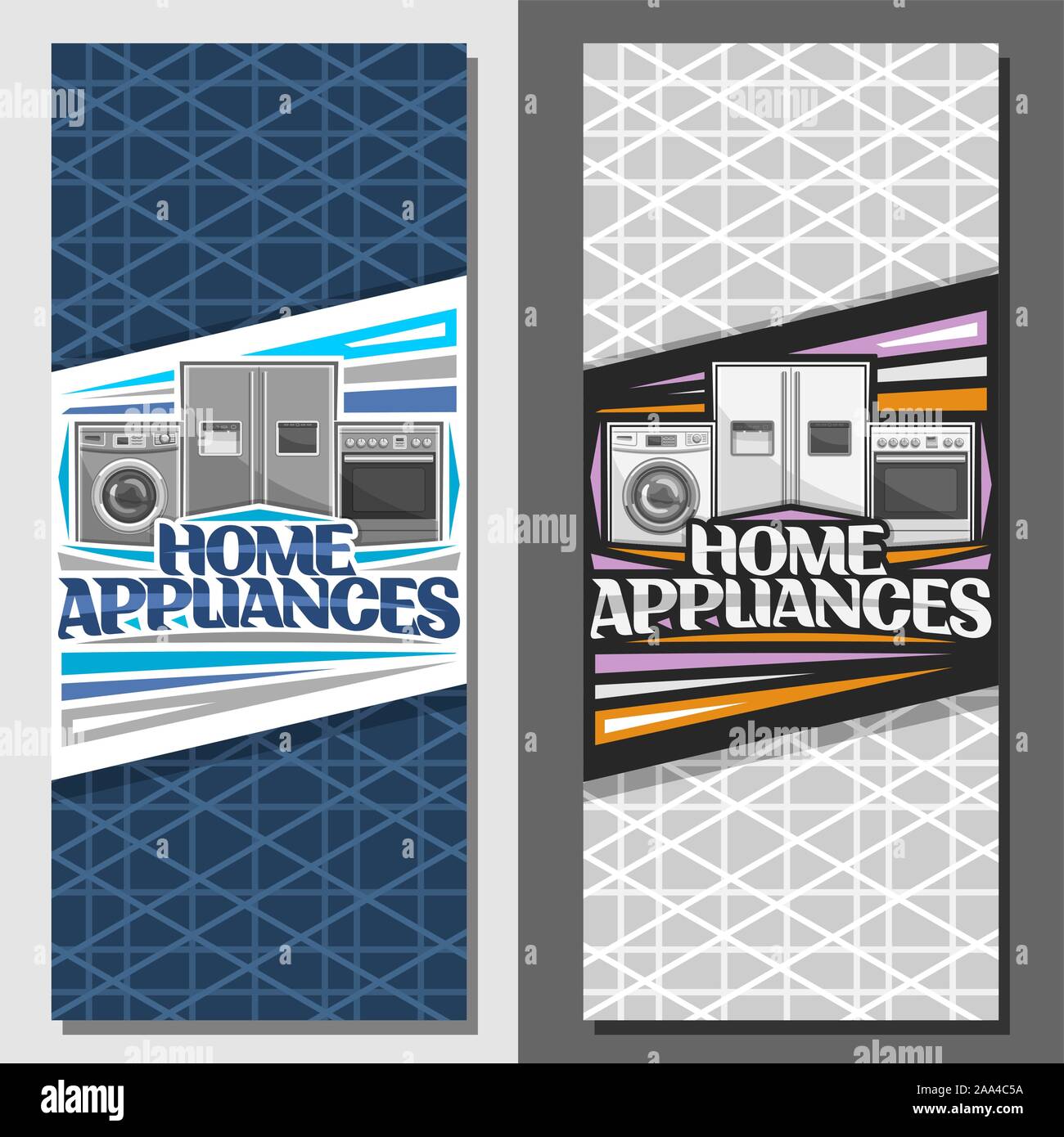 Vector layouts for Home Appliances, signage with illustration of washing machine, large fridge with screen, electric cooker, original lettering for wo Stock Vector